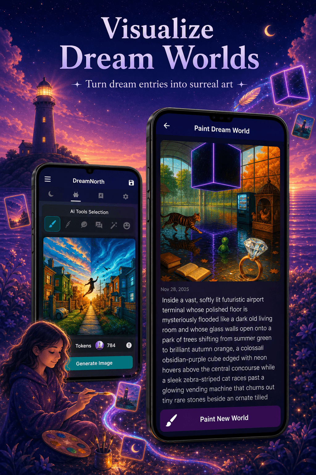 DreamNorth app screens visualizing dream entries as surreal art.